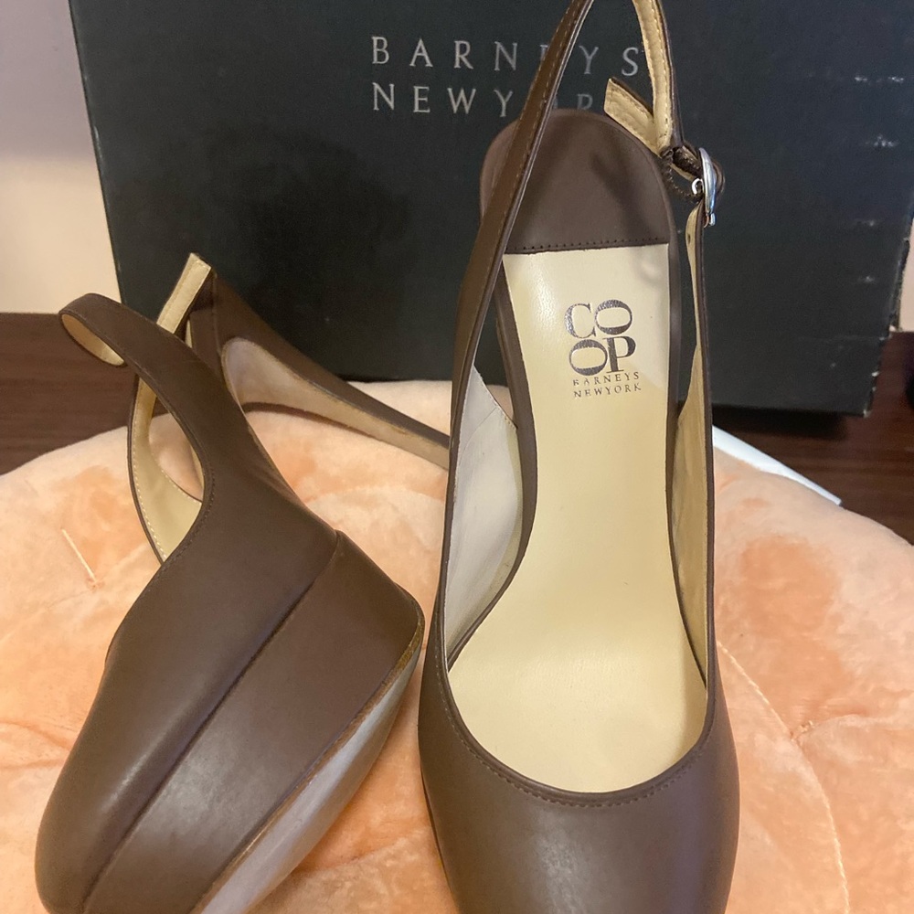 Brand New , Never worn Barney’s New York COOP Chocolate Brown Sling Back Heels.